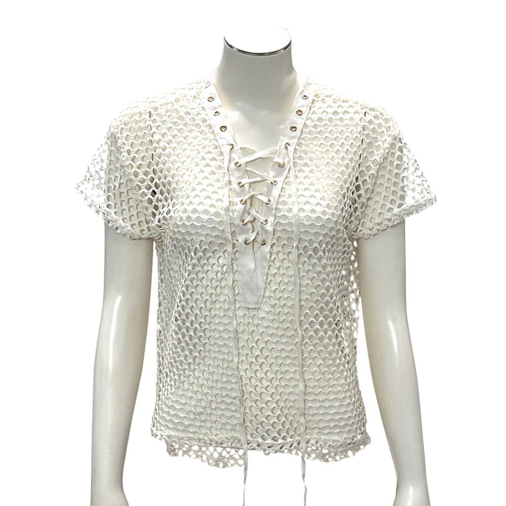 CCC Mesh Lace Up Crochet Swim Short Sleeve Cover Up Top Airy Mesh Size Medium